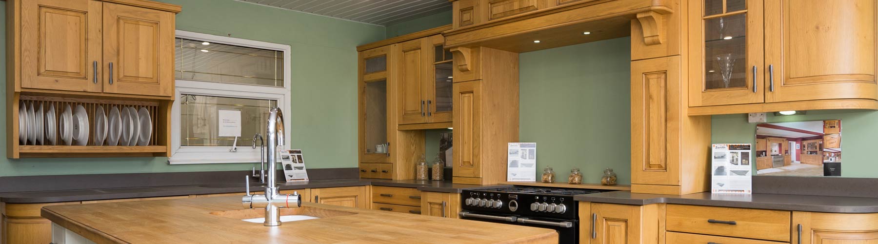 Timber kitchen on display in our showroom on the Kirkby industrial estate.e