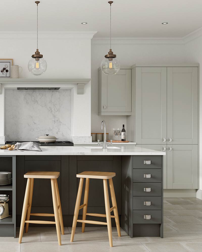 Classic Kitchens Liverpool, featuring a simple yet stylish kitchen with shaker cupboards, unique hardware and a central island.