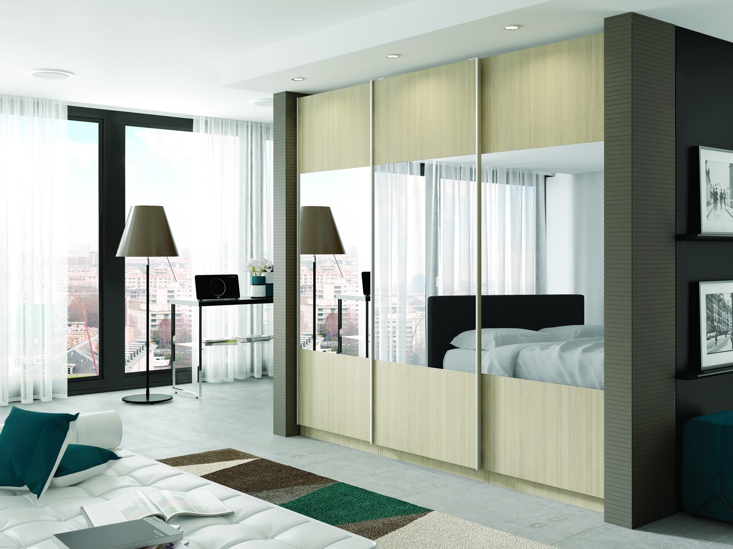 Beech woodgrain sliding wardrobe design with mirrored sections designed for a client’s bedroom in Liverpool city centre. The sliding wardrobe features our effortless glide system and has been manufactured to fit within a pre-existing alcove. 