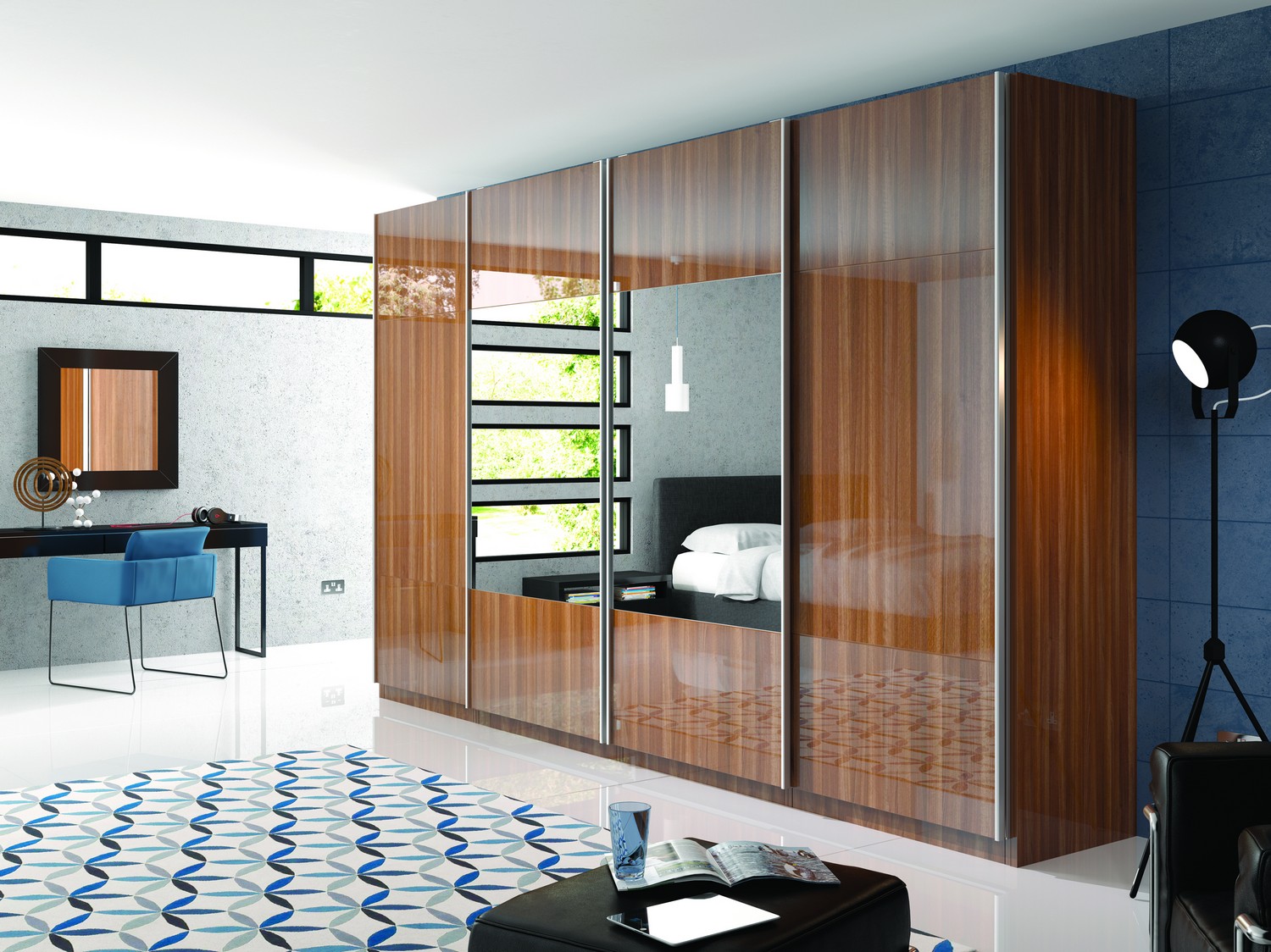 Gloss walnut sliding door wardrobe system with mirrored glass panels featuring a unique internal storage system.