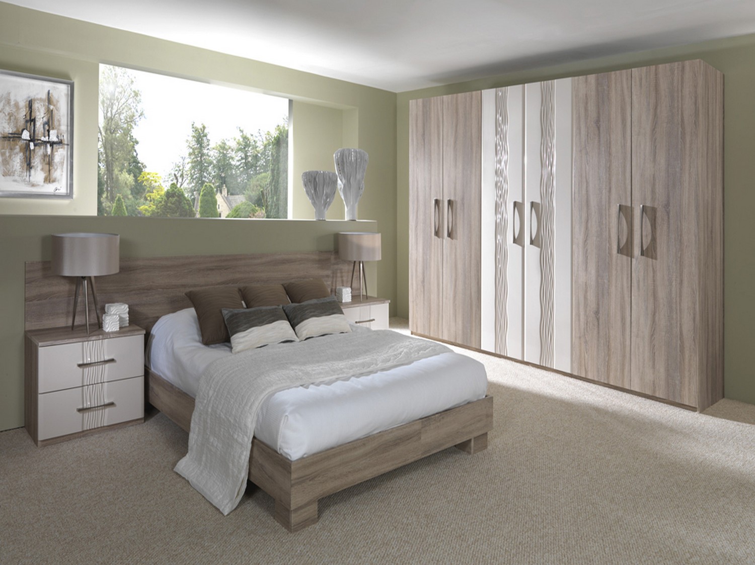 Oak and gloss cream bedroom furniture designed as a complete bedroom furniture solution including bed, headboard, wardrobe and bed sides tables. The gloss cream doors feature an inset pattern combined with a simple chrome handle for a contemporary look.