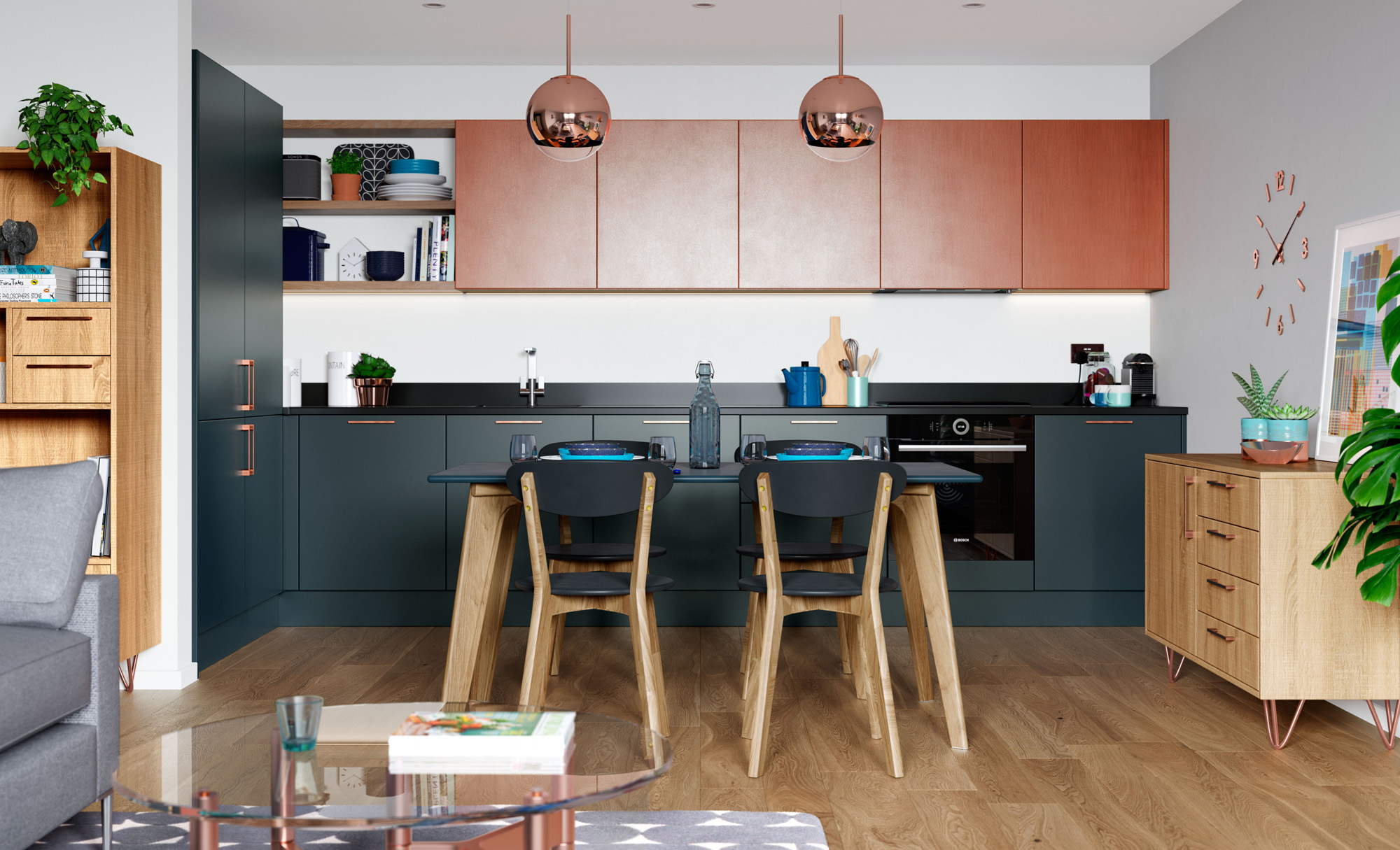 Zola Matte Marine, Ferro Painted Copper & Rezana Stained Light Oak , Zola Matte is a slab door which features an overpainted 18mm MDF core and a 15% sheen level.