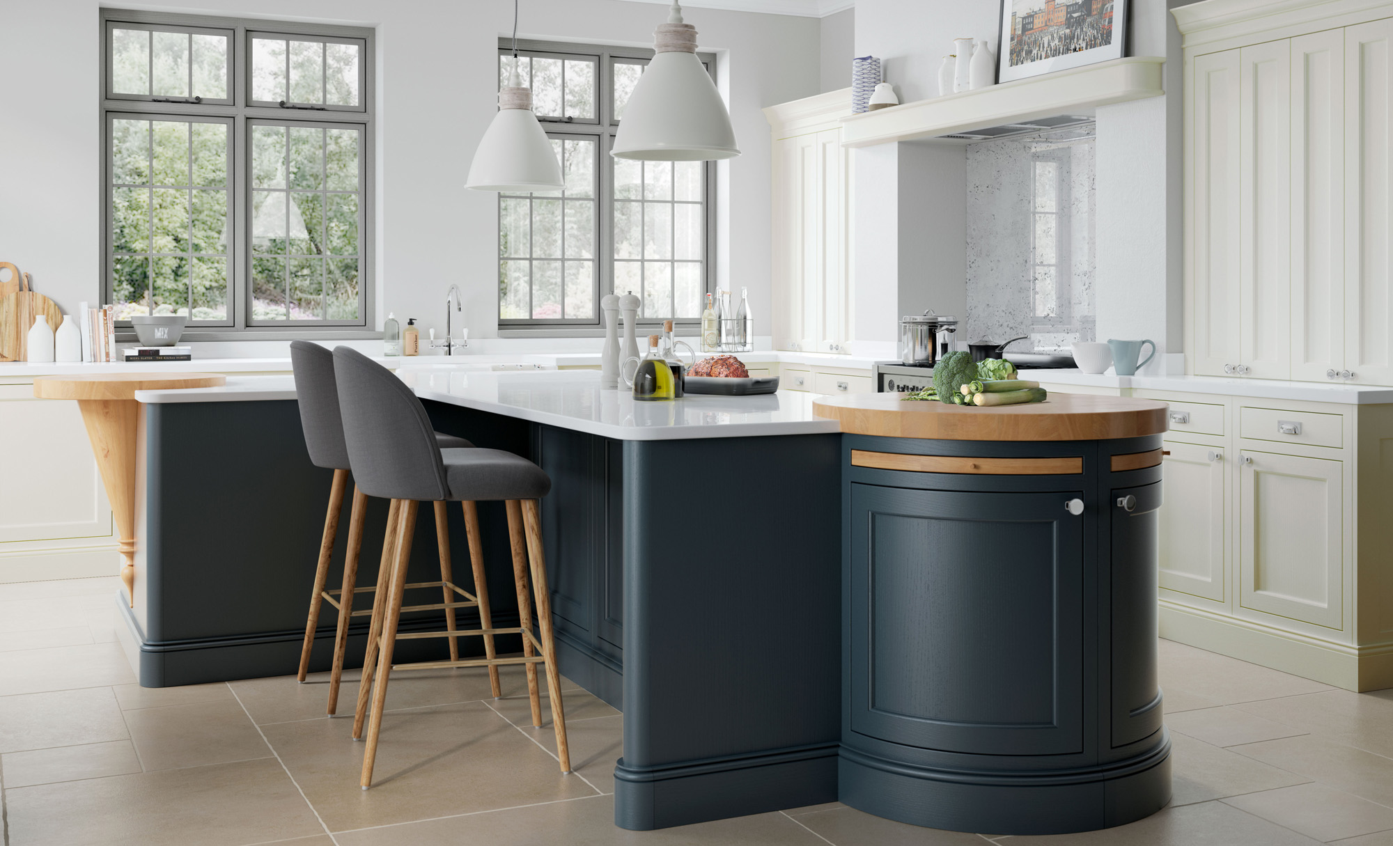 Belgravia Midnight Blue & Porcelain, Belgravia Inframe Painted consists of a 20mm overpainted, solid ash frame with flat, veneered ash centre panel and internal moulding. Grain visible. Midnight Blue using our colour matching service.